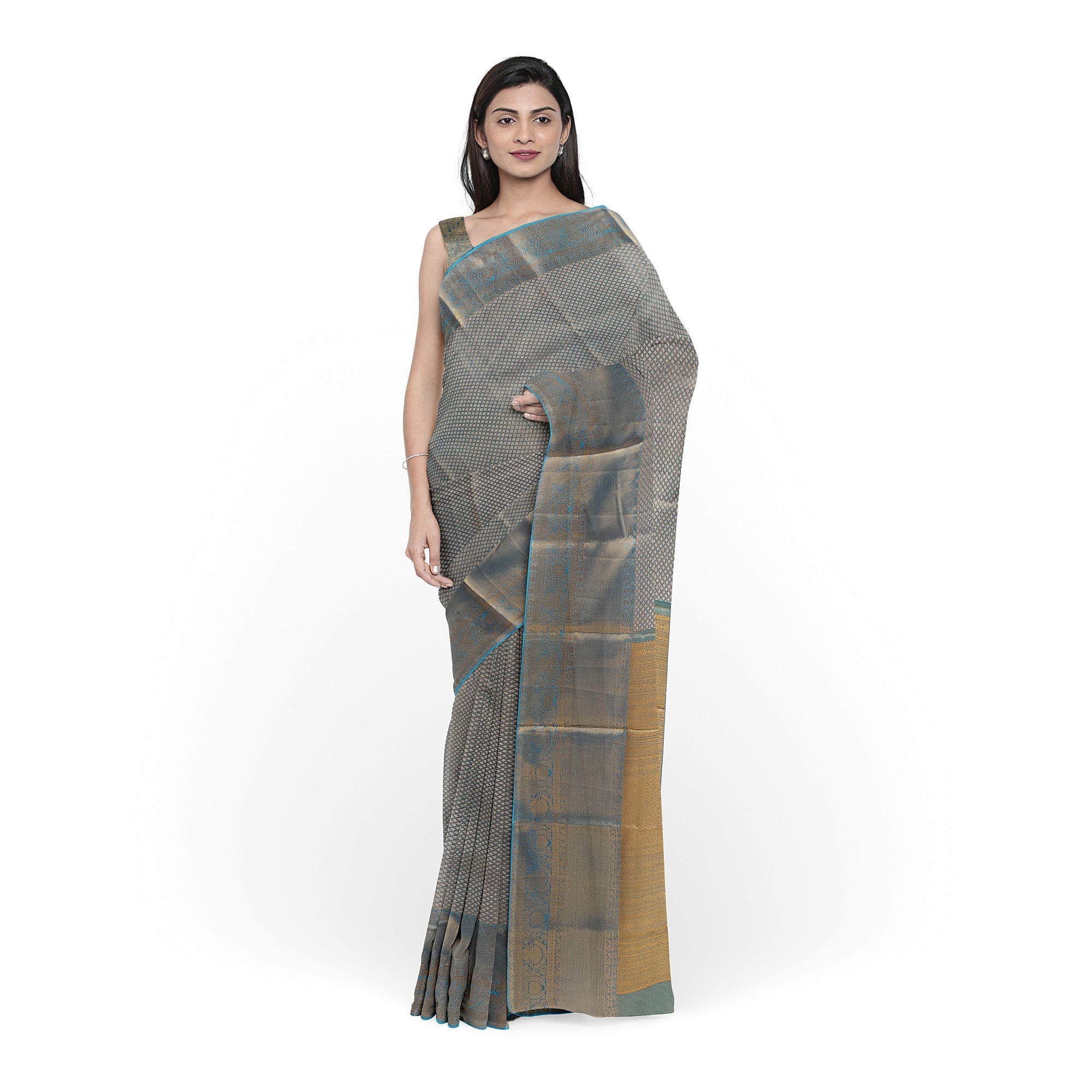 Blue & Gold Tissue Silk Saree with Gold Double Shade – Grand Traditional Look