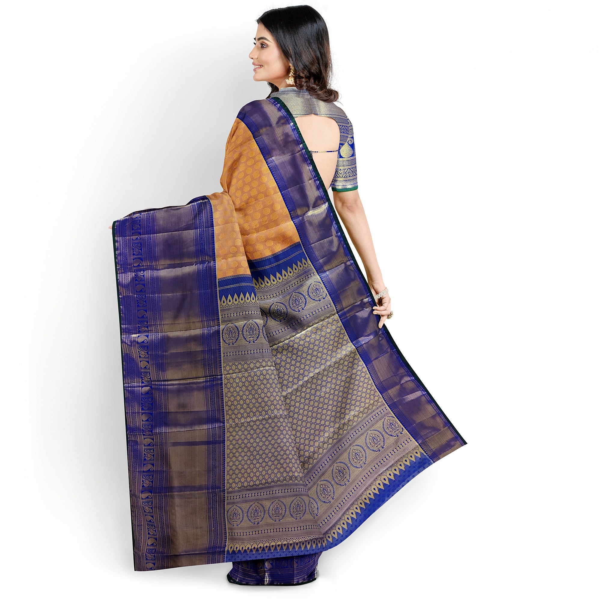 Peach Semi Tissue Silk Saree with Navy Blue Border – Traditional Elegance