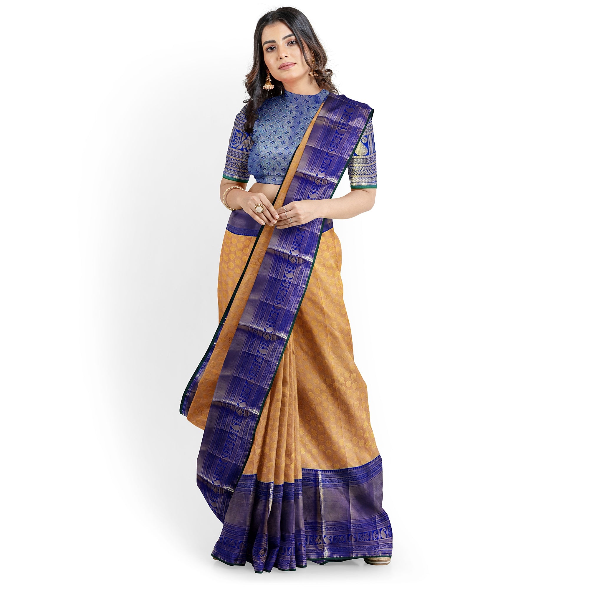 Peach Semi Tissue Silk Saree with Navy Blue Border – Traditional Elegance