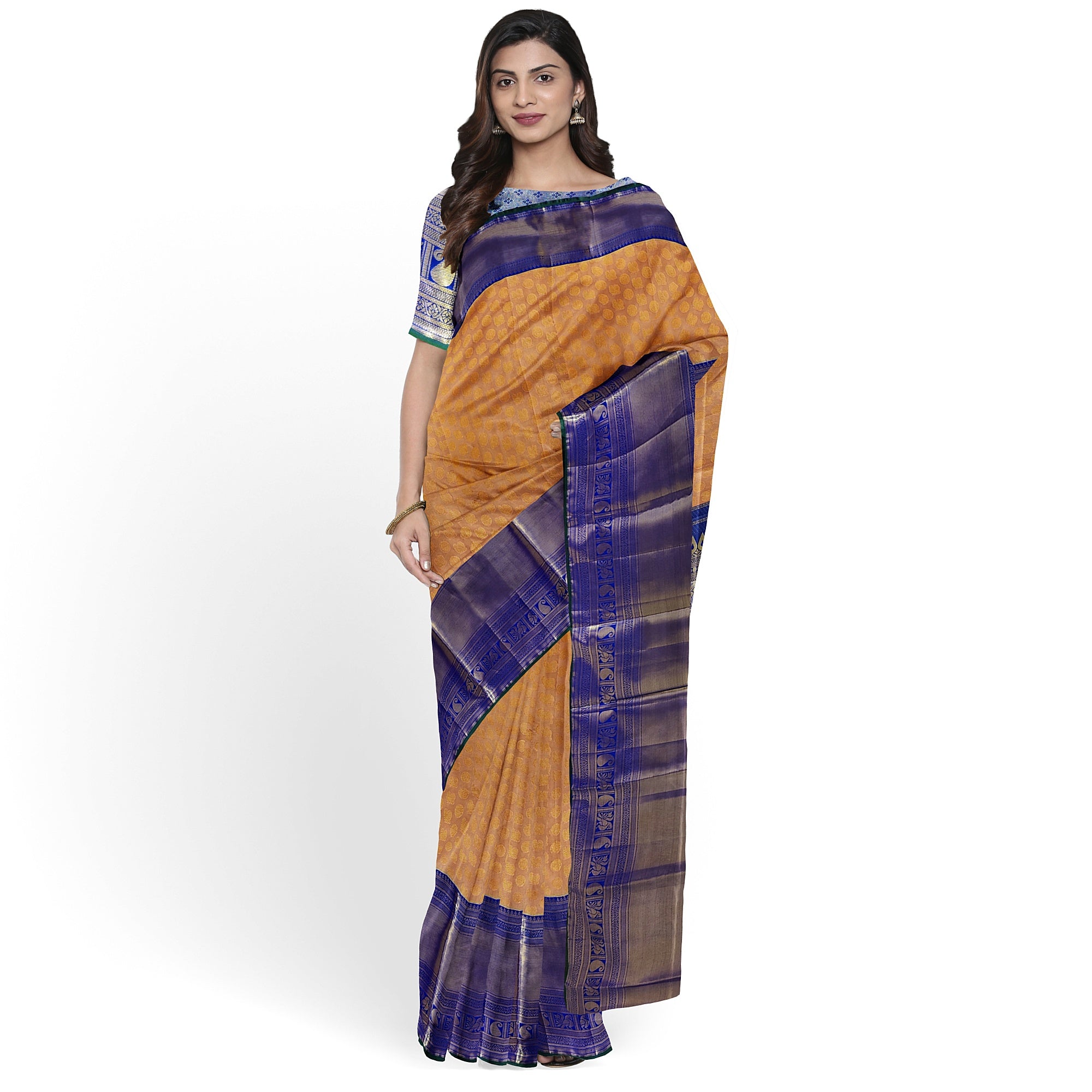 Peach Semi Tissue Silk Saree with Navy Blue Border – Traditional Elegance