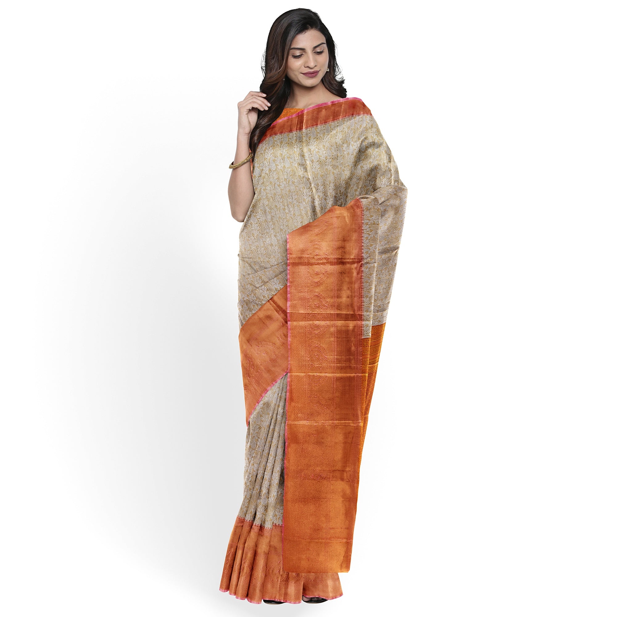 Goldish Cream with Peach Border – Fancy Wedding Wear Saree