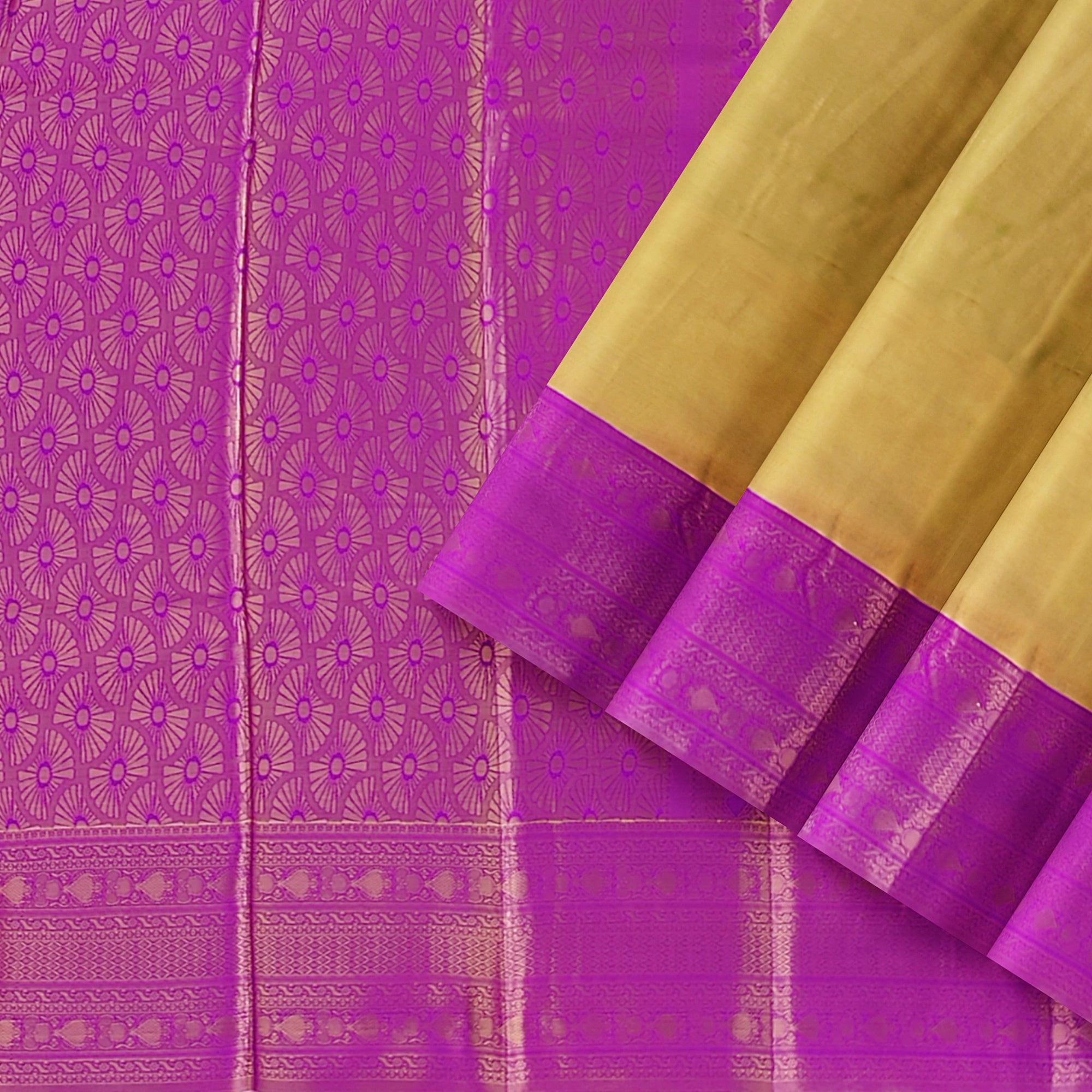 Gold with Light purple Saree – Gold Zari Work for a Royal Look