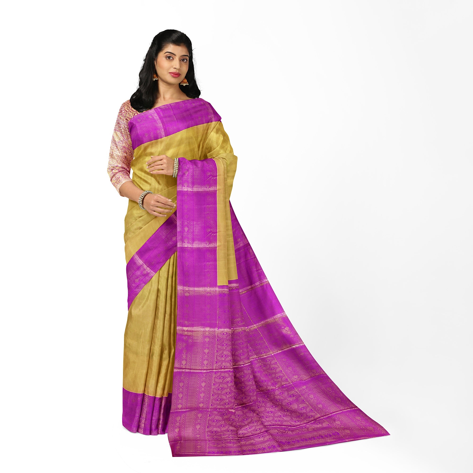 Gold with Light purple Saree – Gold Zari Work for a Royal Look