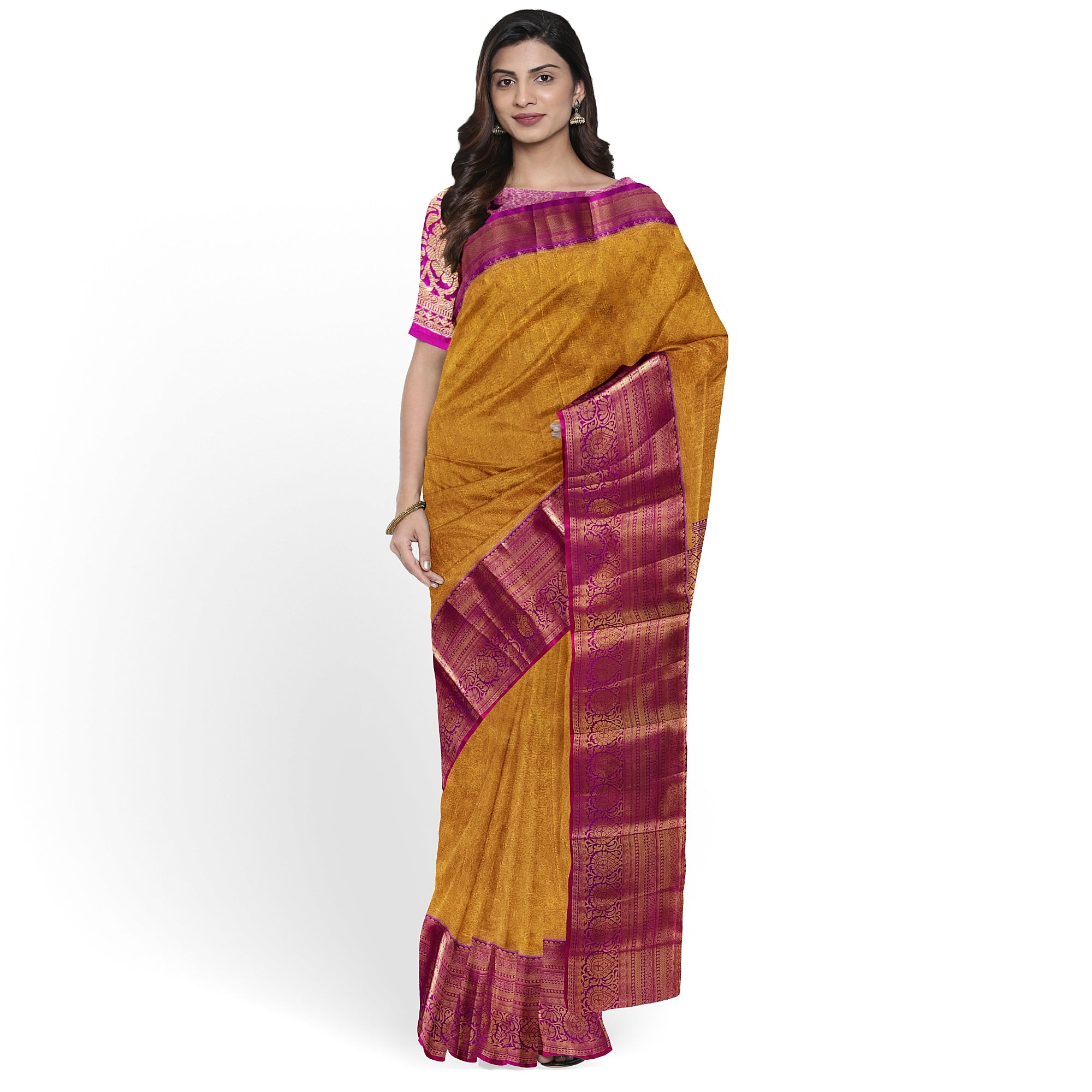 Gold Saree with Magenta Pink Border – Affordable Wedding Elegance