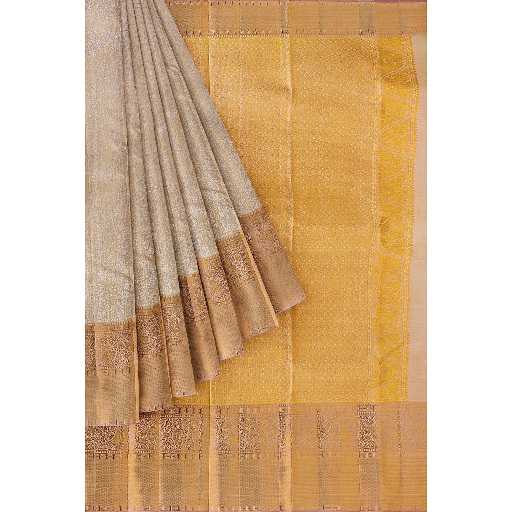 Cream Wedding Saree with Gold Zari Work – A Classic Bridal Beauty