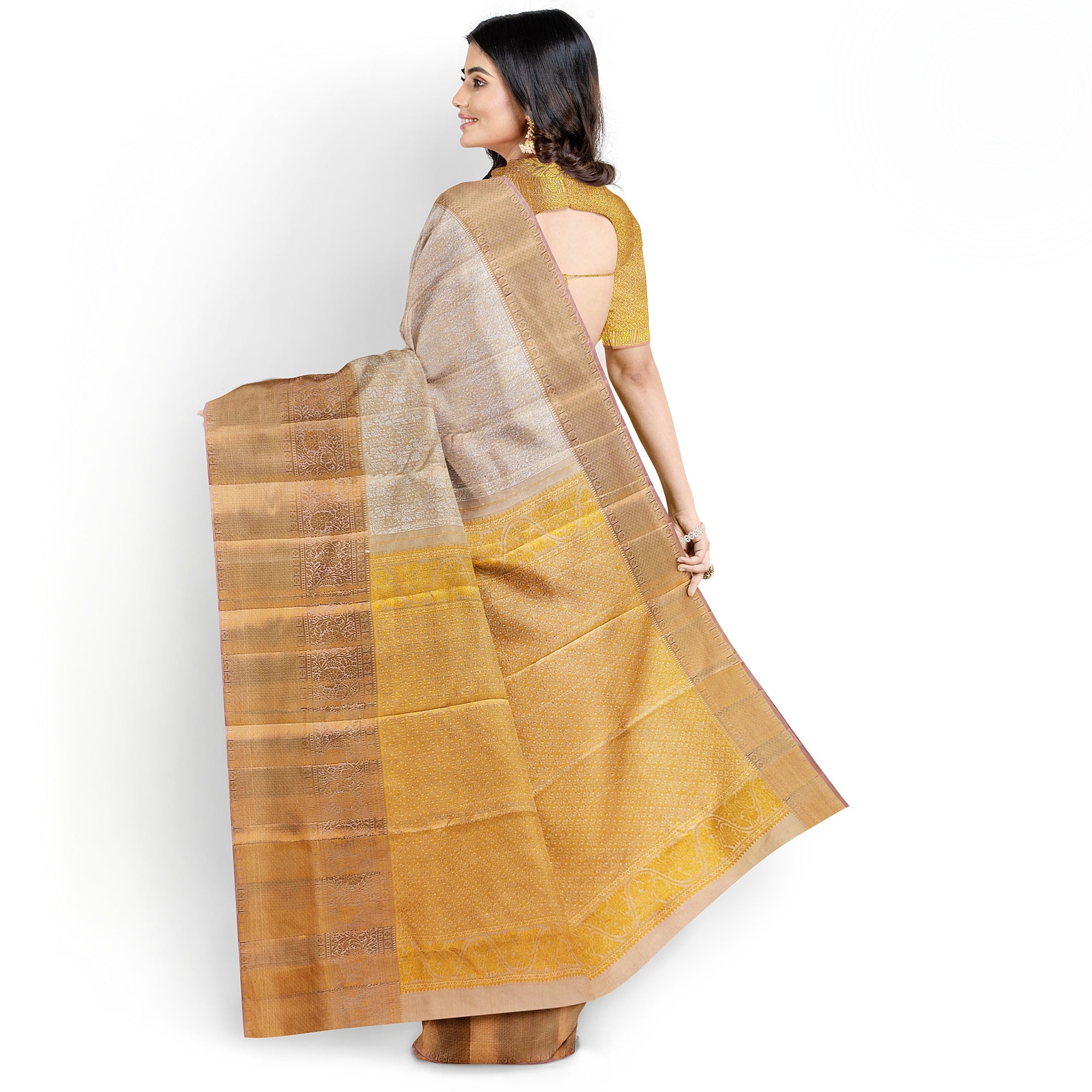 Cream Wedding Saree with Gold Zari Work – A Classic Bridal Beauty