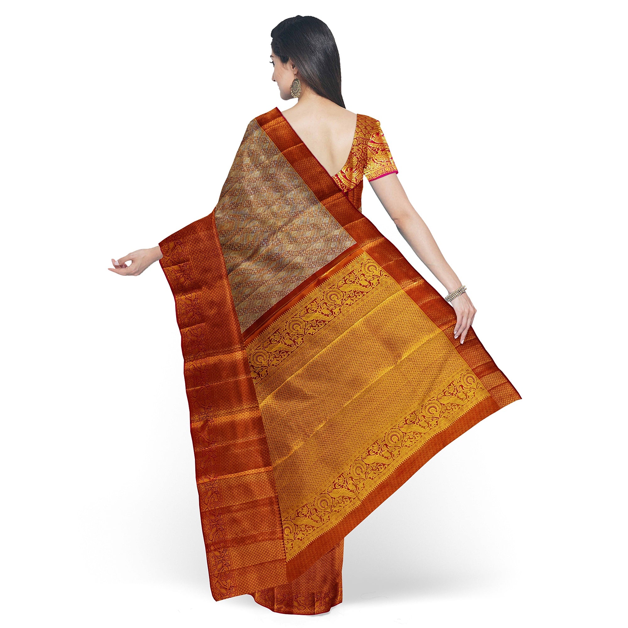 Goldish Orange Semi Tissue Silk Saree with Pink Border – Grand Look