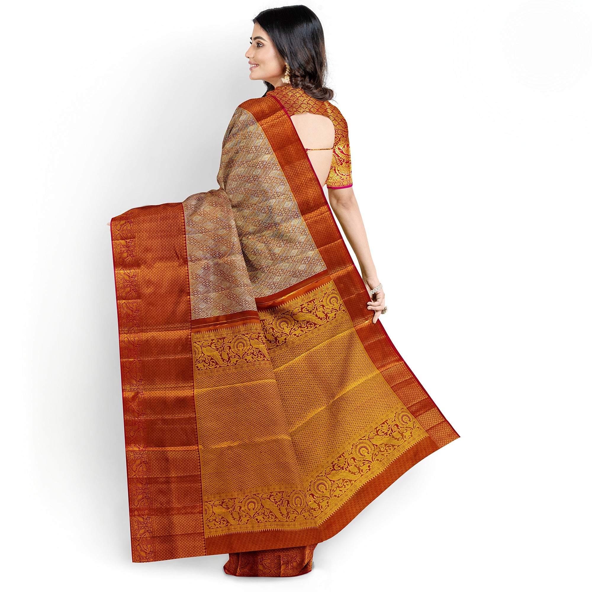 Goldish Orange Semi Tissue Silk Saree with Pink Border – Grand Look