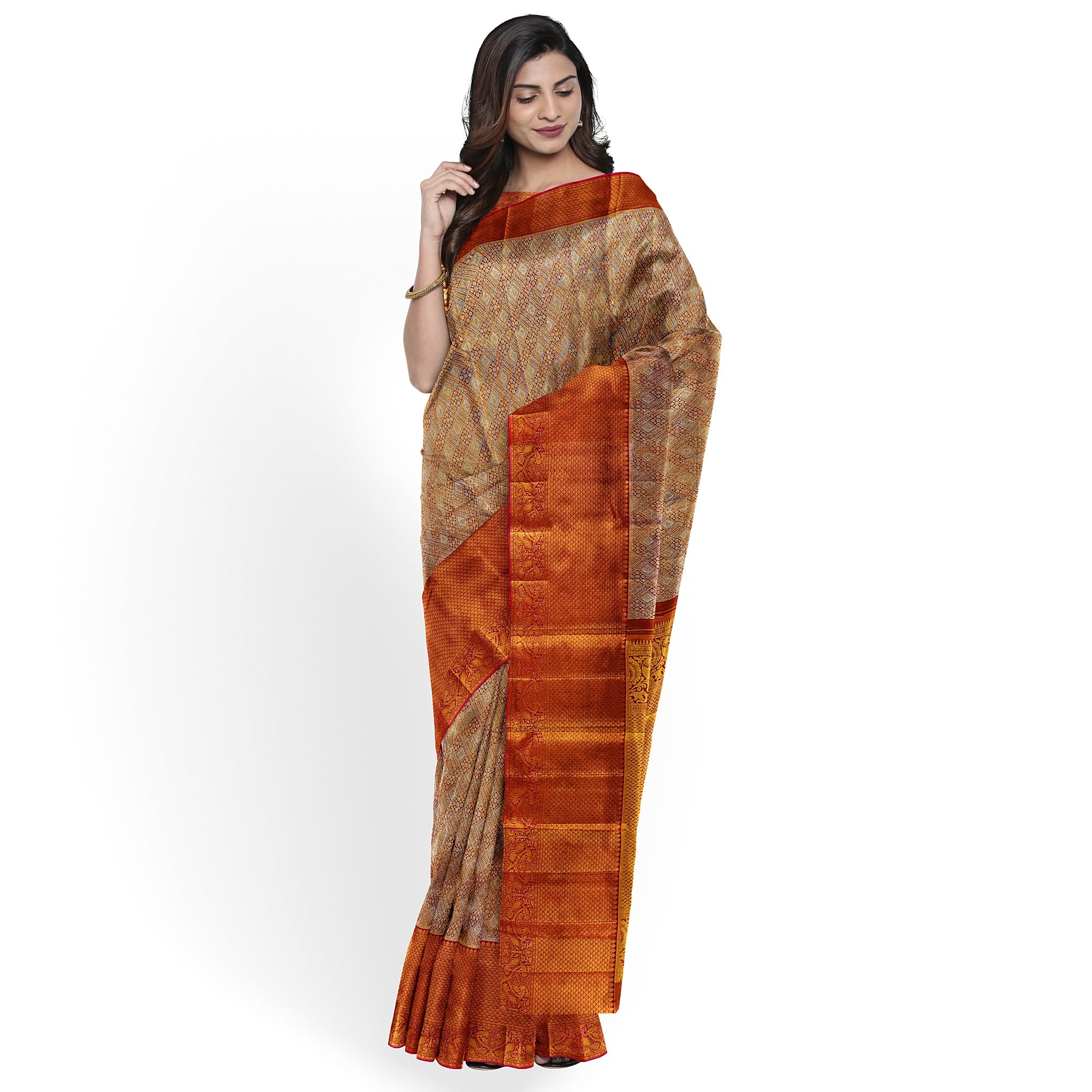 Goldish Orange Semi Tissue Silk Saree with Pink Border – Grand Look