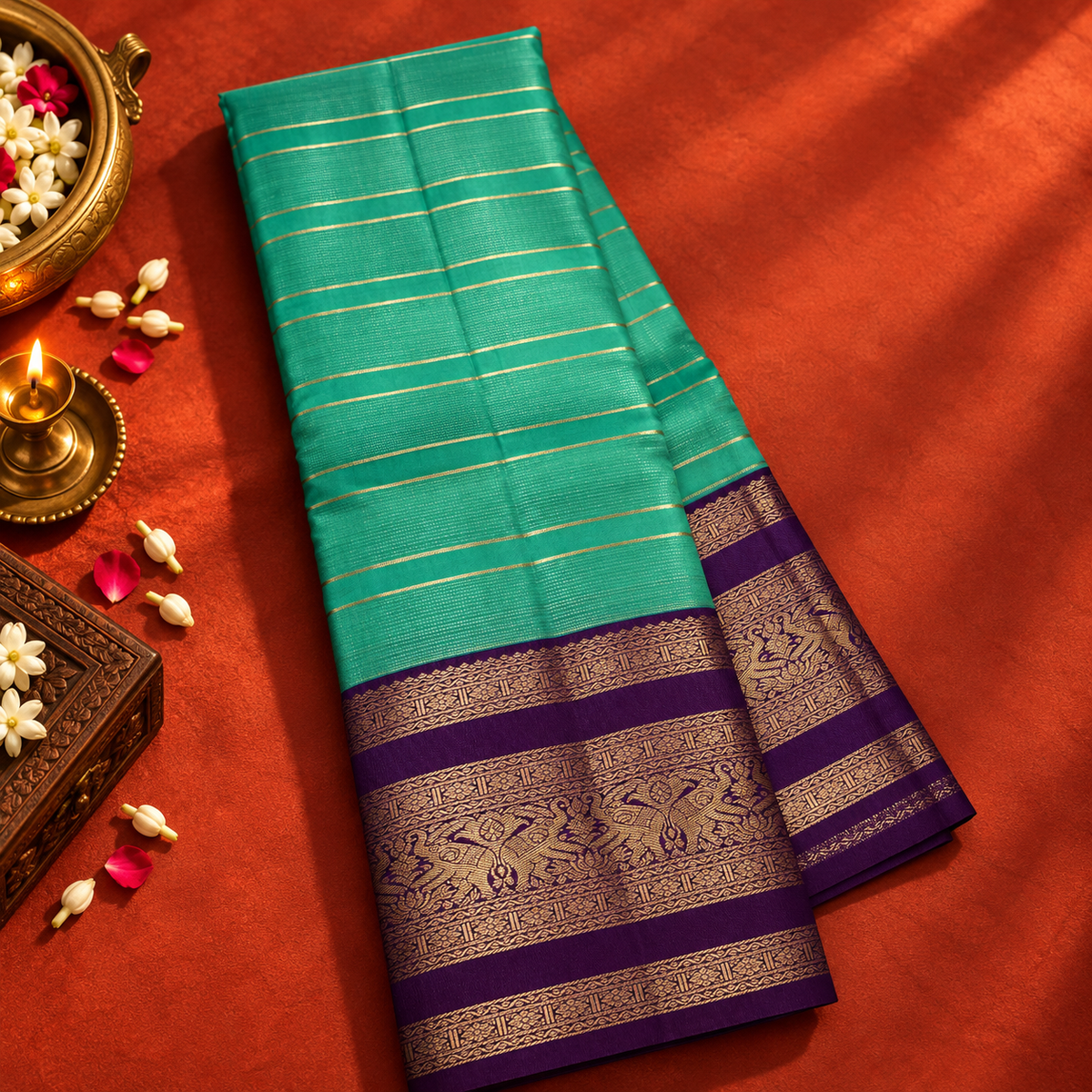 Teal Green Colour Pure Kanjivaram Silk Saree with Purple Border