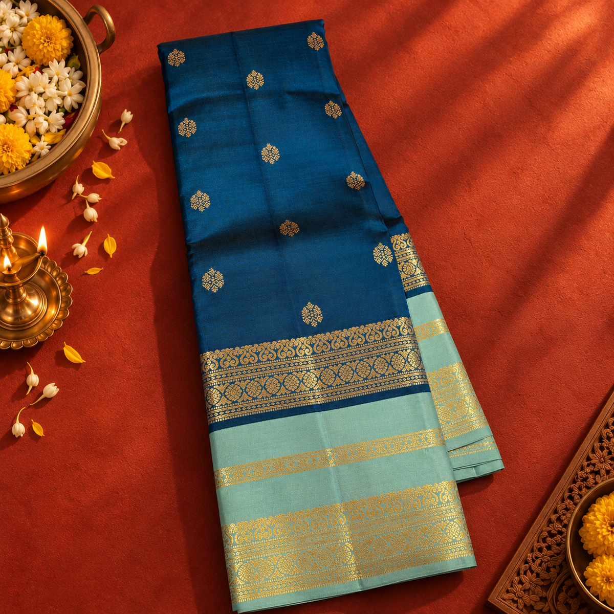 Teal Blue Colour Leela Verse Kanchipuram Silk Saree with Light Blue Contrast NSSL01