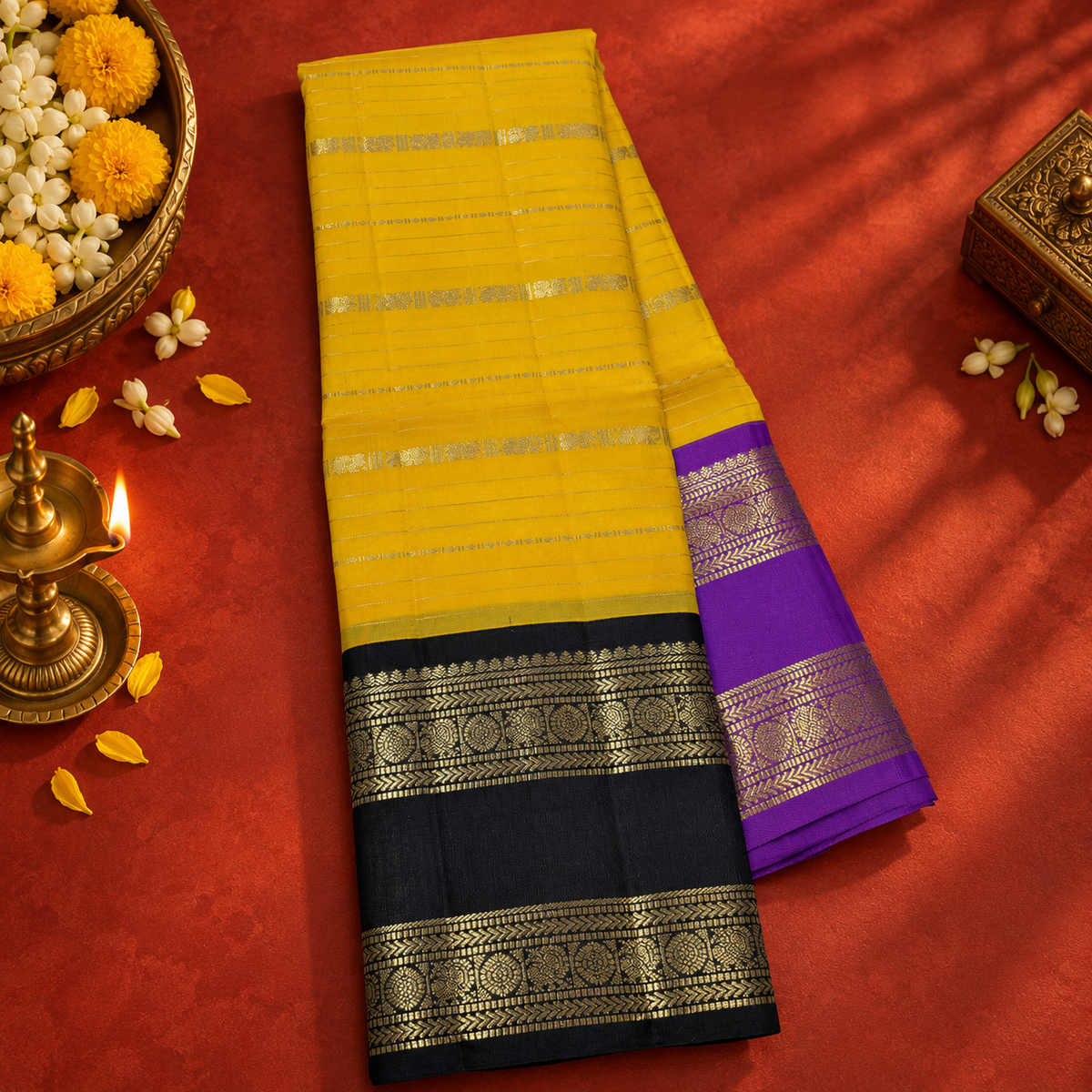 Yellow Colour Ganga Jamuna Saree with Black & Lavender Border