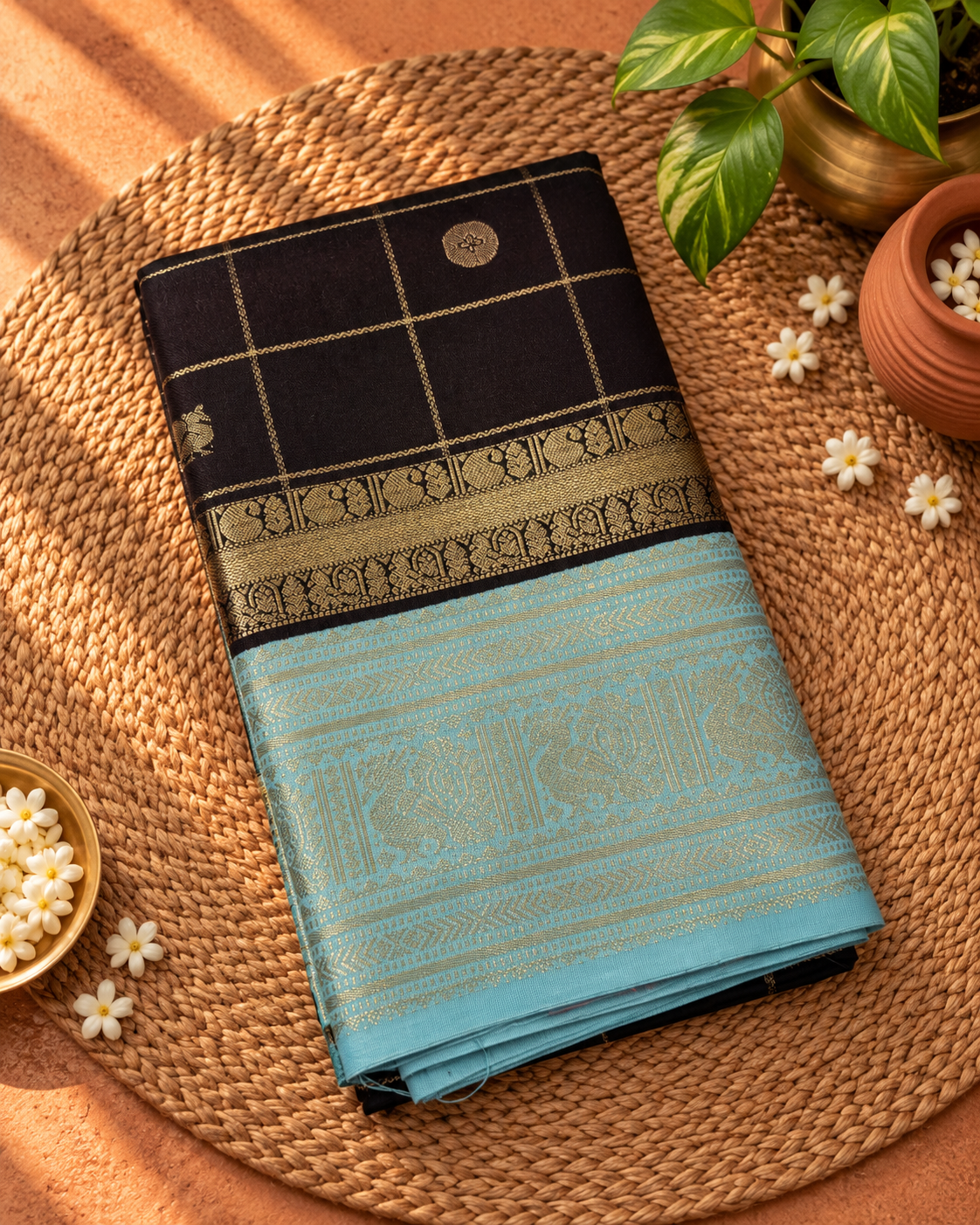 Chocolate Brown Colour Semi Kanchipramm Silk Saree with Sky Blue Border