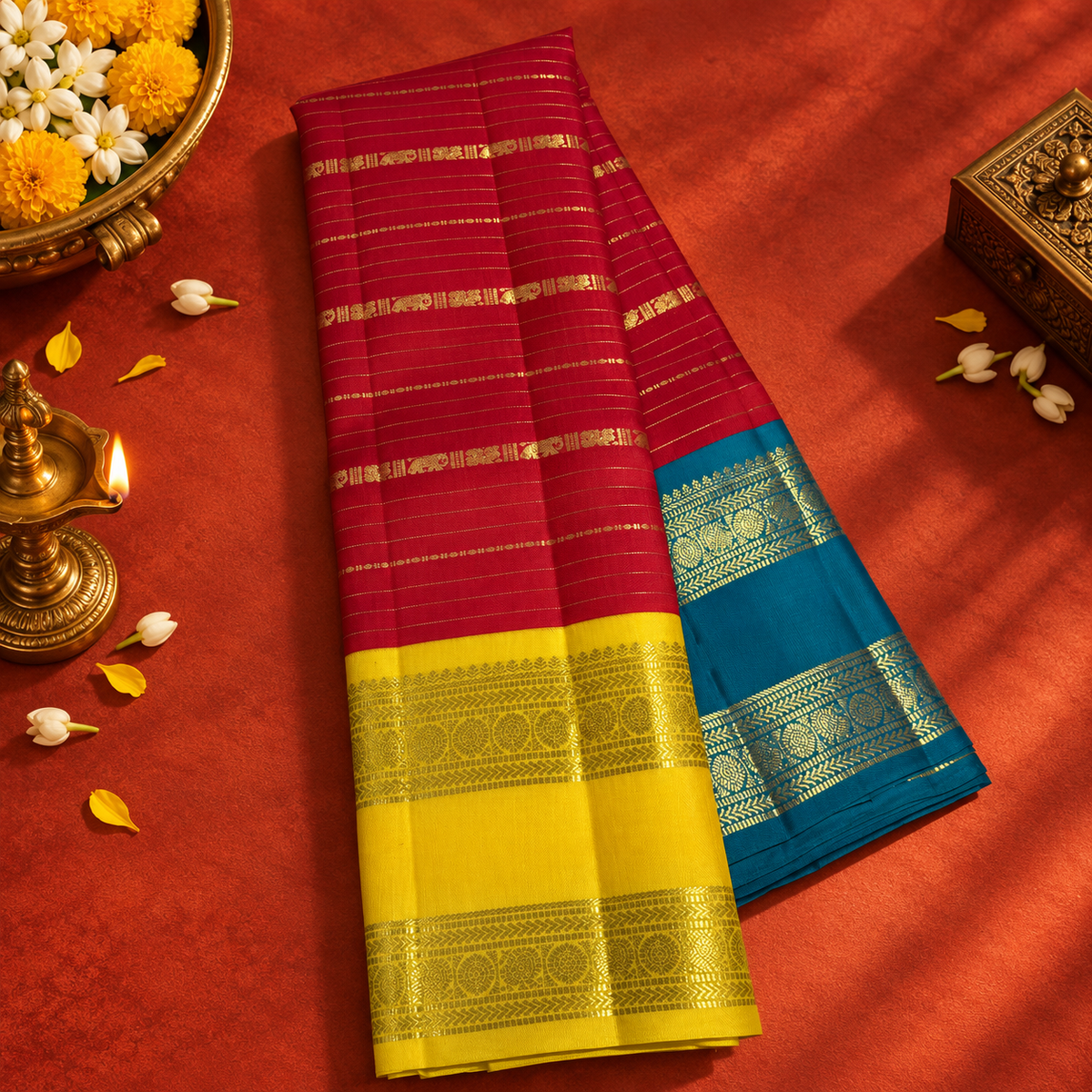 Red Colour Ganga Jamuna Saree with Yellow & Sky Blue Border