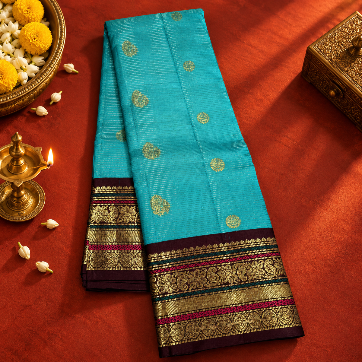 Baby Blue Colour Saree with Brown Vintage Border