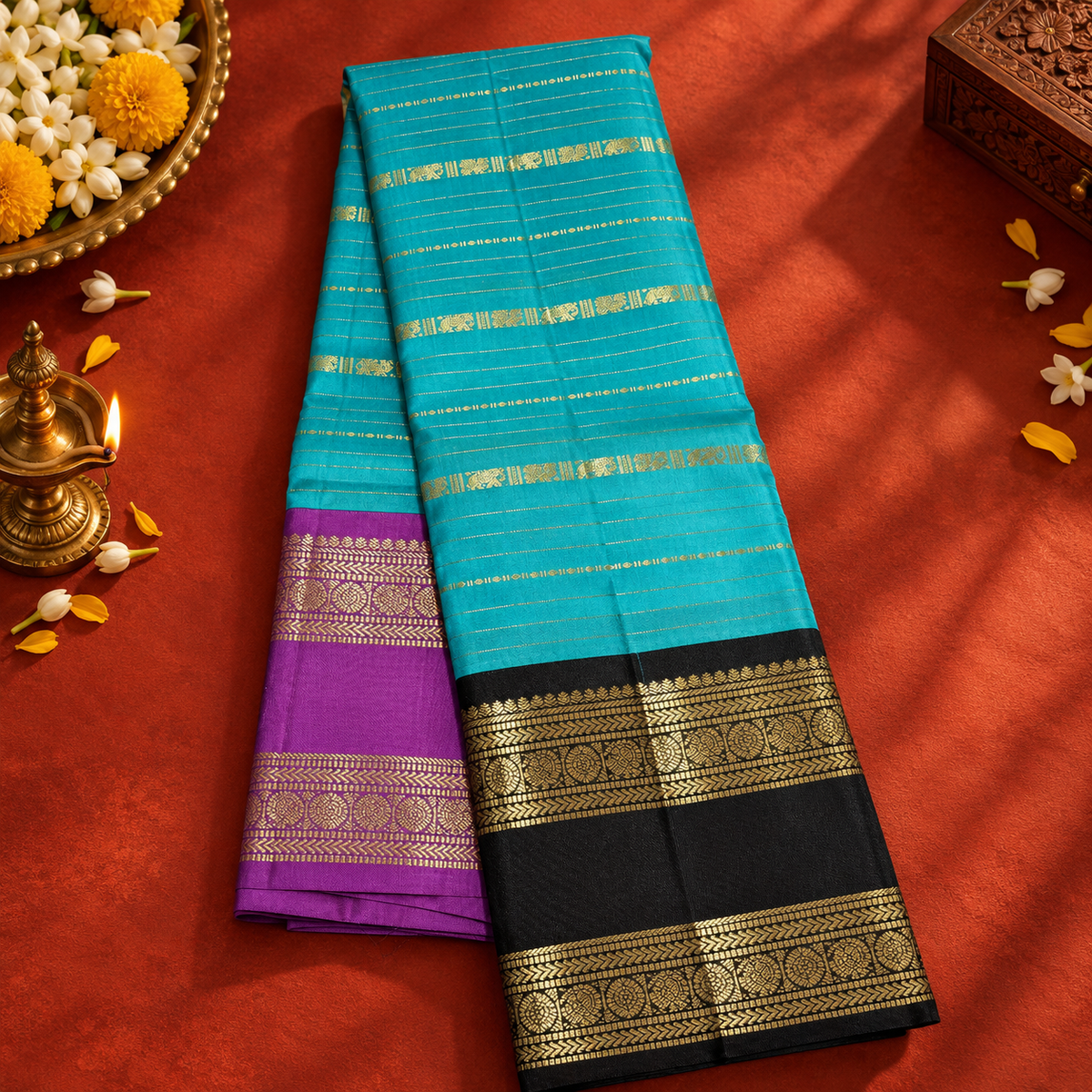 Sky Blue Colour Ganga Jamuna Saree with Black & Lavender Border