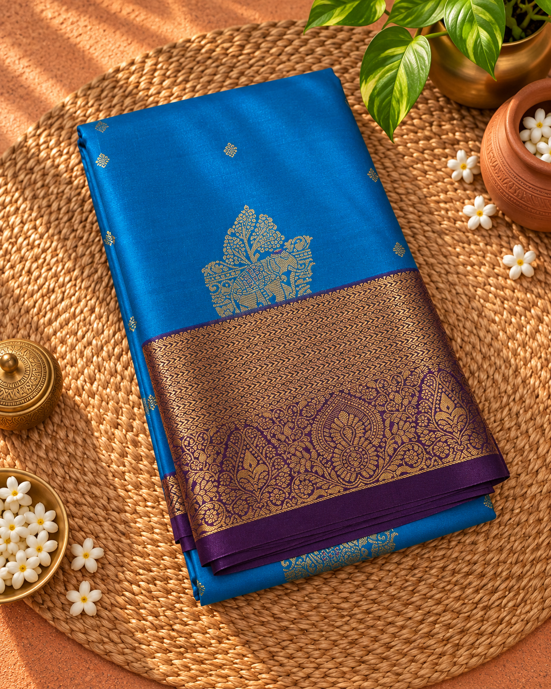 Vibrant Blue Colour Semi Kanchipuram Silk Saree with Grape Purple Contrast NSS165