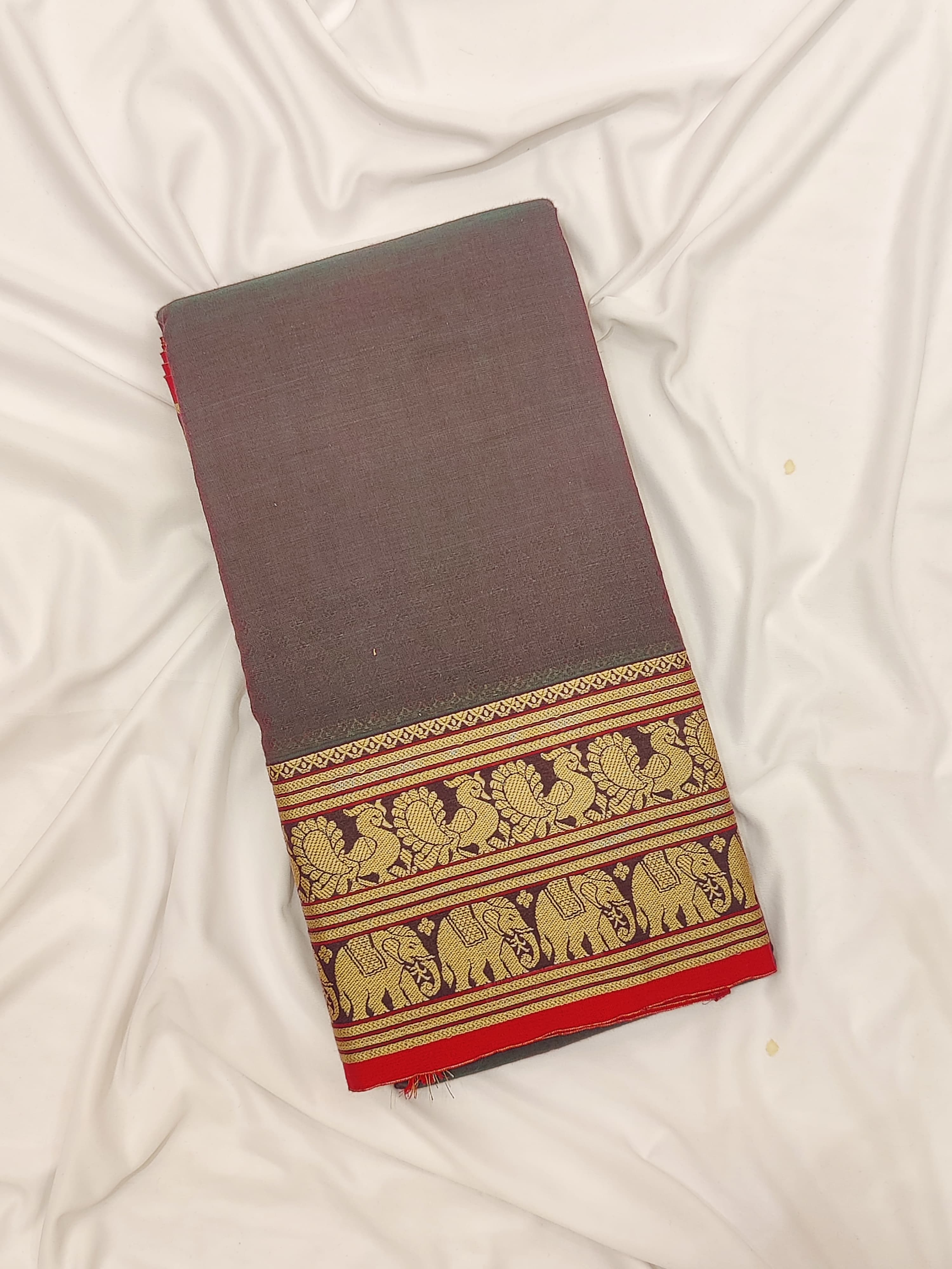 Double Shade Green  Cotton Saree – Red Elephant Border – Shop Online