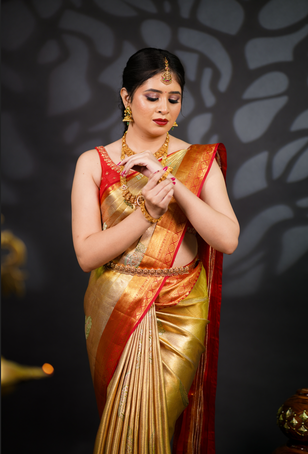 Pure Kanjivaram Silk Saree in Gold with Rich Golden Zari & Red Contrast Border – Traditional Bridal & Wedding Collection