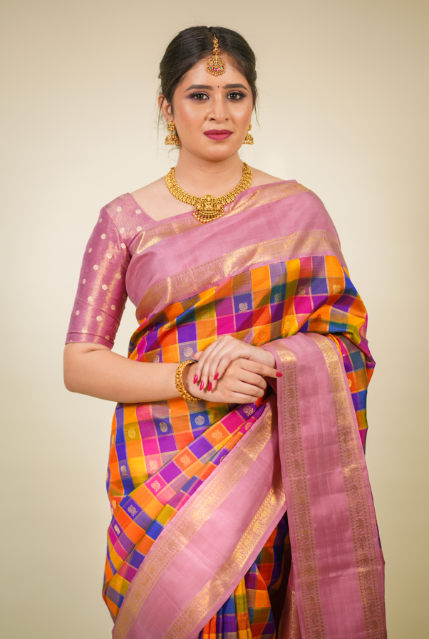Multicolor Pure Kanjivaram Silk Saree with Pink Contrast Border & Golden Zari Buttas – Bridal & Wedding Wear