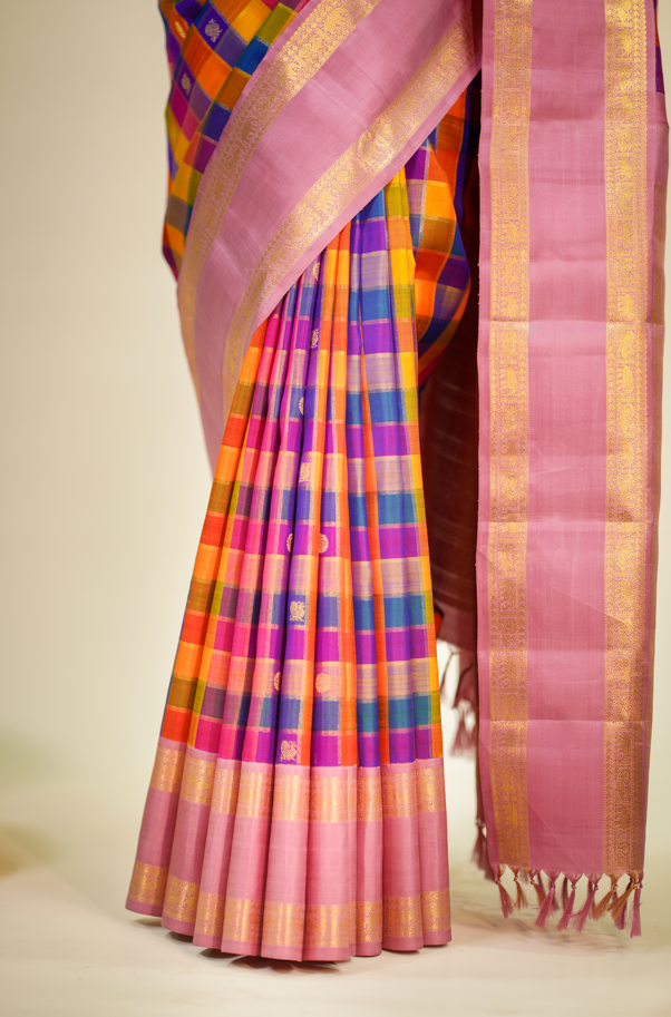 Multicolor Pure Kanjivaram Silk Saree with Pink Contrast Border & Golden Zari Buttas – Bridal & Wedding Wear