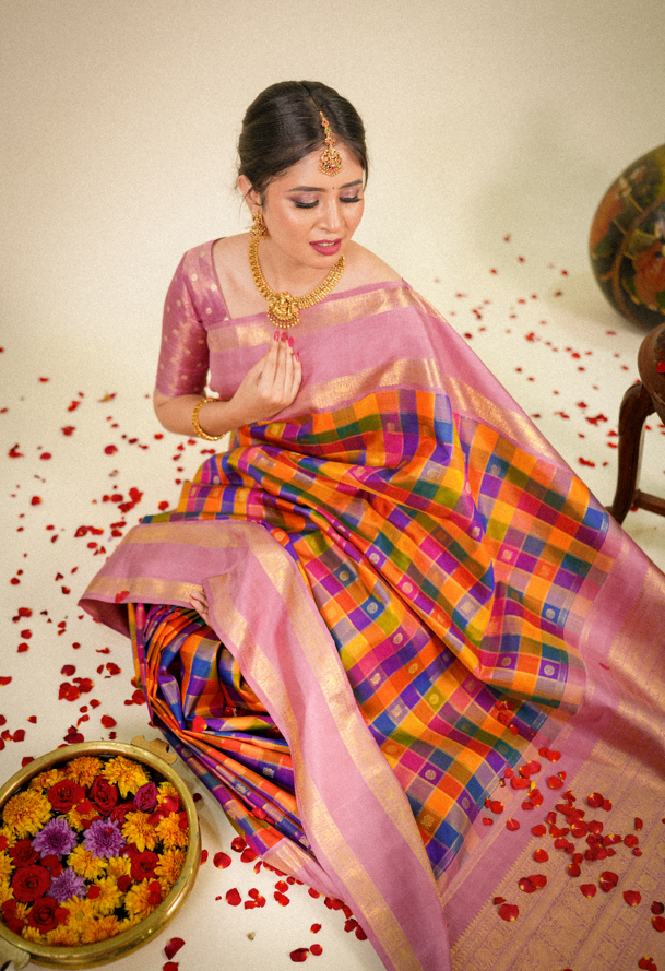 Multicolor Pure Kanjivaram Silk Saree with Pink Contrast Border & Golden Zari Buttas – Bridal & Wedding Wear