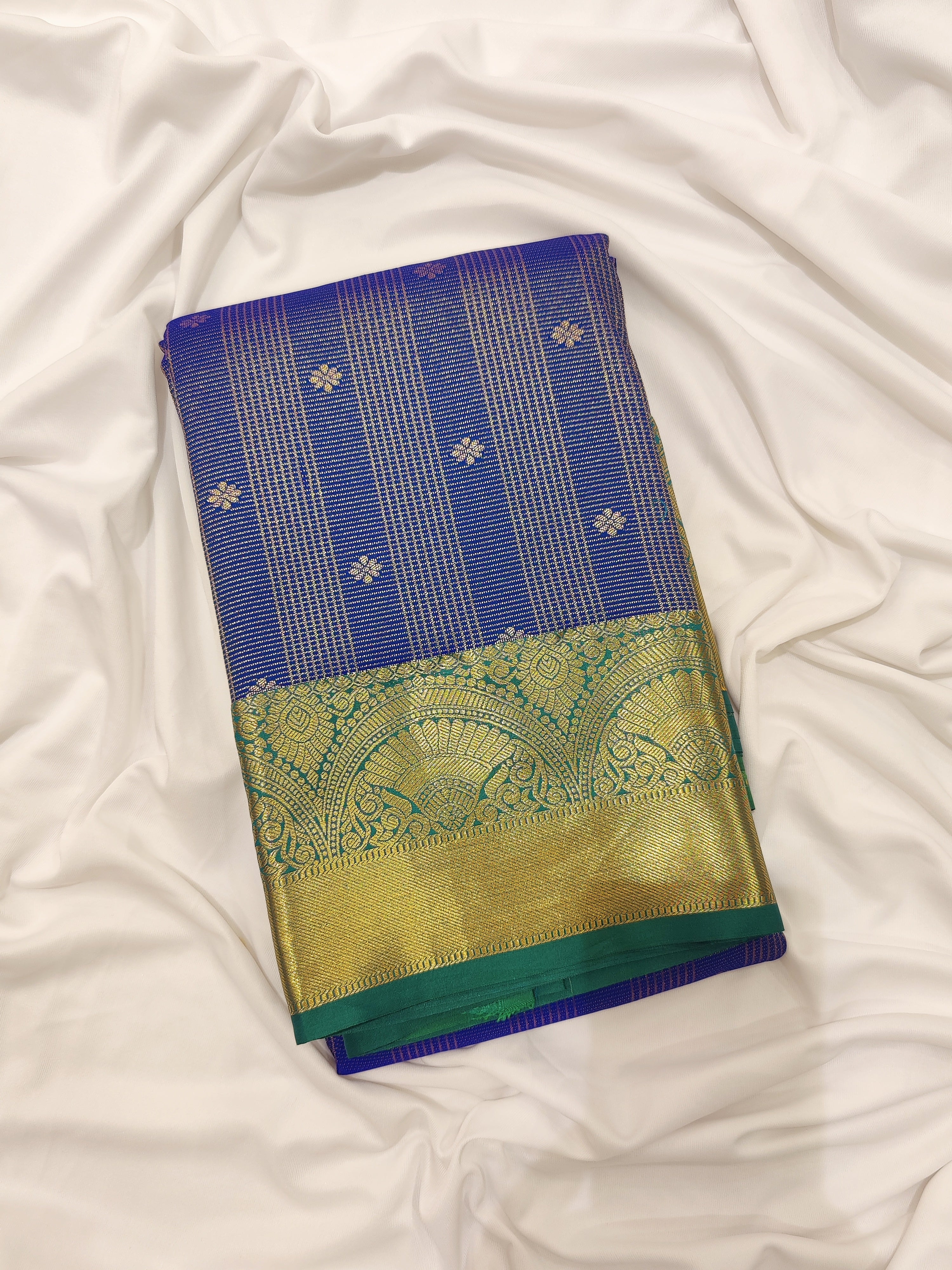 "Blue Zari Semi Silk Saree with Green Border – Elegant Ethnic Wear"