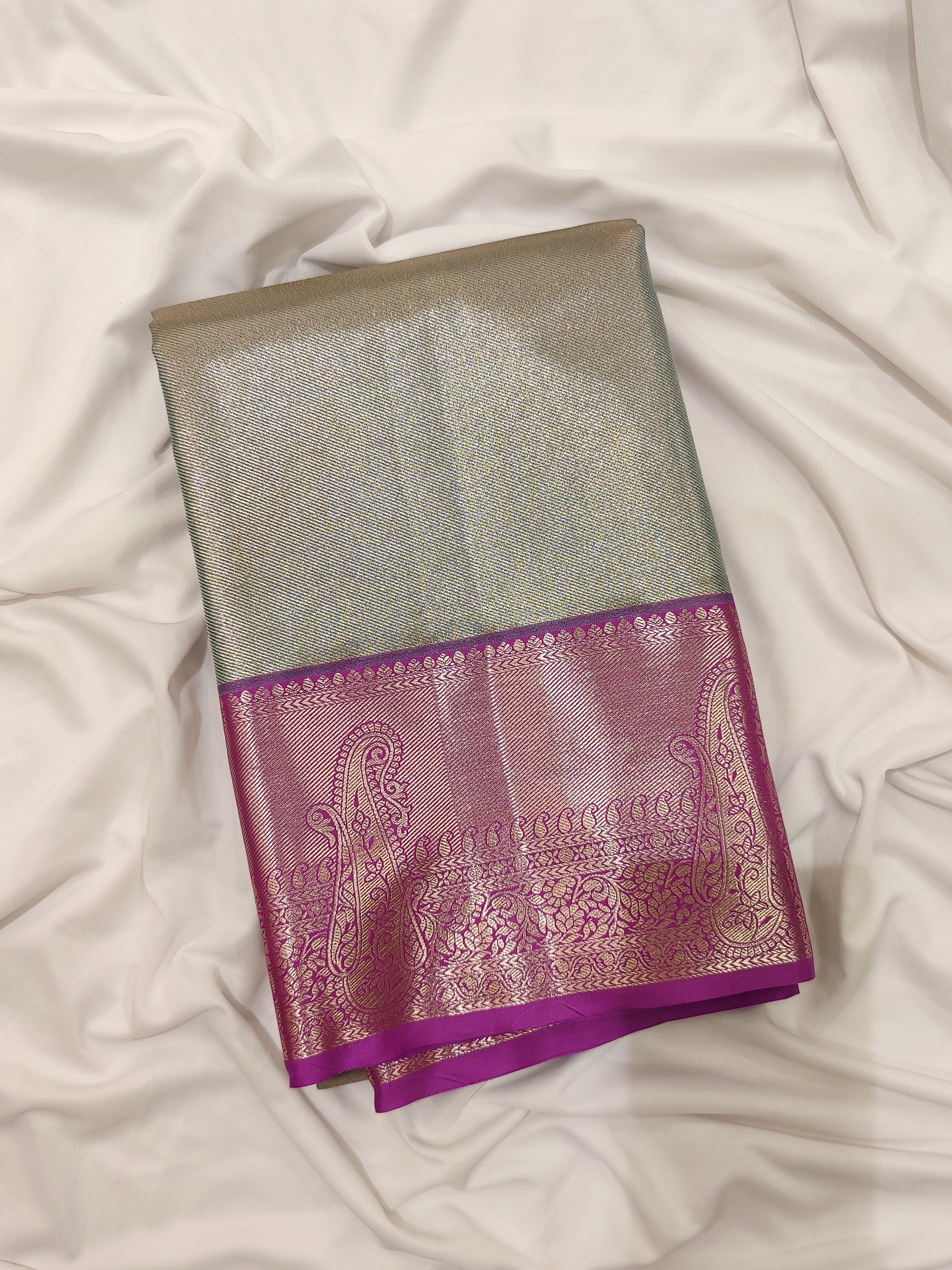 Grey Semi Tissue Saree with Plain Design and Baby Pink Border - New Sudarshan Silks`