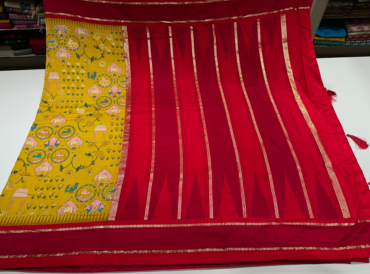 Mustard Yellow Saree with Pink Border and Gold Zari Printed Work for Daily Traditional Office Wear