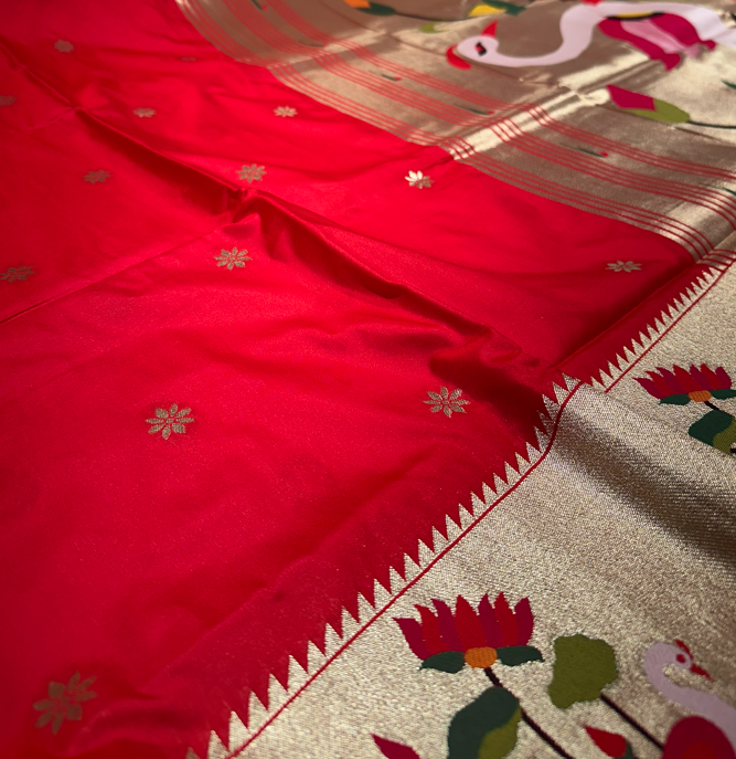 Red color Paithani Silk Saree with Gold Zari Butta & Rich Border