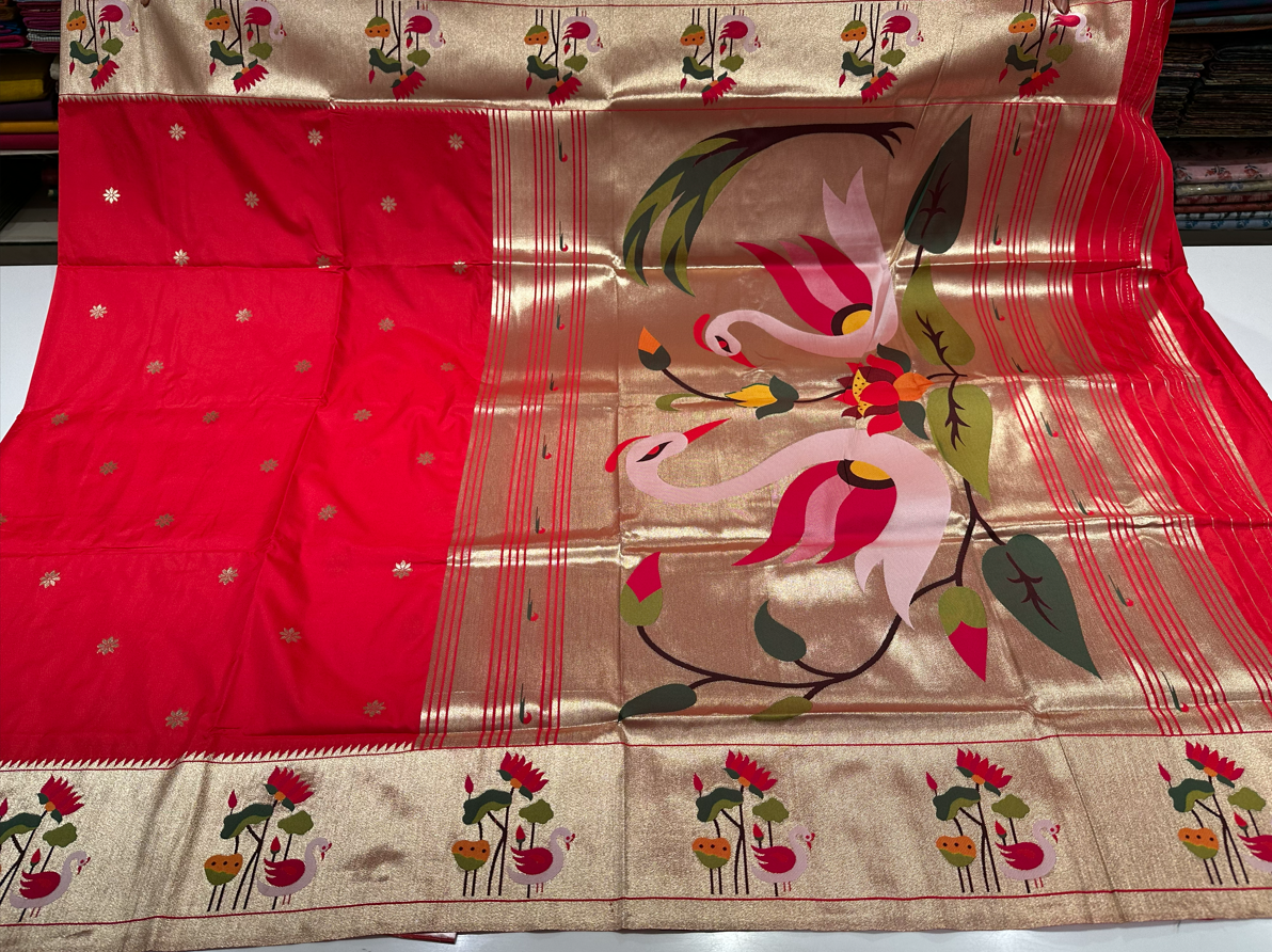 Red color Paithani Silk Saree with Gold Zari Butta & Rich Border